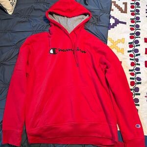 Champion Red Hooded Pullover Sweatshirt with Script Logo